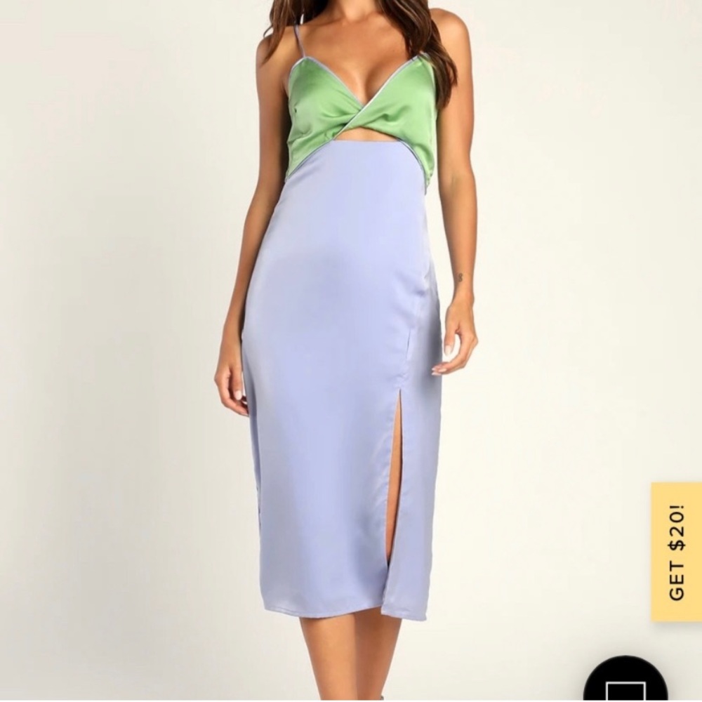 Lulu’s Perfect Pairing Light Blue Colorblock Satin Cutout Midi Dress NWT